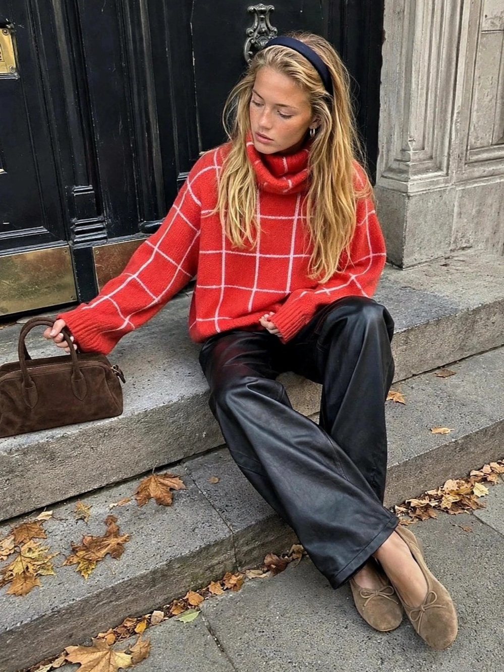 Streetwear Windowpane Turtleneck Sweater Small | Burnt Orange Statement Knit